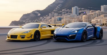 two supercars parked on a street in front of a mountain