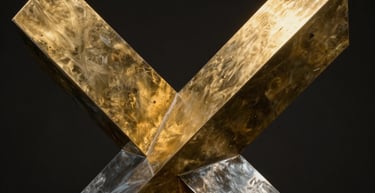 Abstract geometric sculpture of brass and steel plates intersecting, dark background, precise spotlight highlight reflecting gold tones, landscape aspect