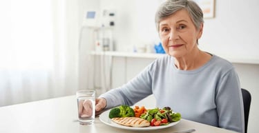Pessoa idosa sentada à mesa em ambiente clínico nutricional, com prato equilibrado contendo legumes e proteínas.