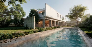 Casa moderna, minimalista y contemporánea, vista desde la pileta, el patio y la integración con la galería. 