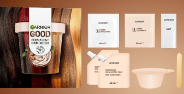 Kit complet de coloration Garnier Good avec crème colorante, révélateur, soin nourrissant au beurre de karité, gants et bol
