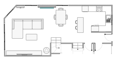 2D architectural floor plan showing an open concept kitchen, dining area, and living room layout.