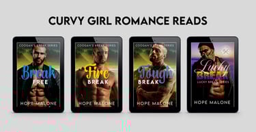 Covers of Hope Malone's Break Free, Fire Break, Tough Break, and Lucky Break curvy girl romances
