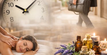 colage de imagnes, reloj, camilla de masaje perona tomando un masaje, aceites esenciales