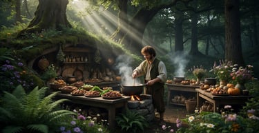 A fantasy hobbit cooking a rustic feast in an outdoor mossy kitchen with sunlight beams in a lush forest.