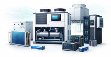 Industrial HVAC equipment including a water-cooled chiller, cooling tower, and portable power stations.