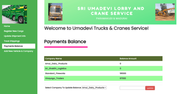 Lorry Service Management System - Payments Balance Page