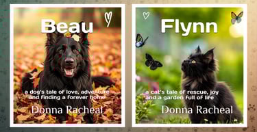 Two animal rescue book covers featuring a black dog in autumn leaves and a black cat with butterflies.