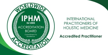 IPHM accreditation logo. Louise Chamberlain certified holistic nutrition coach, Menopause coach