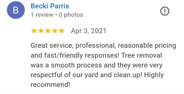 review from dm tree customer from Overland Park Kansas. reasonable pricing