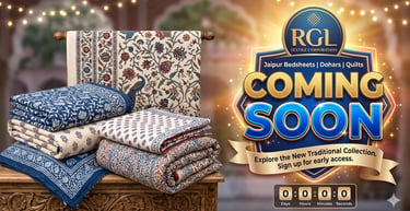 Traditional block print Jaipur bedsheets and quilts display for RGL Textile Corporation coming soon announcement.