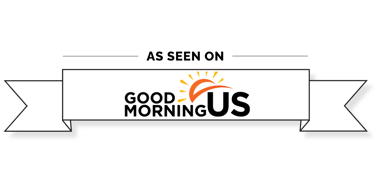 As seen on Good Morning US logo featuring a sun icon inside a white banner ribbon.