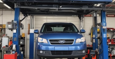 A small automotive repair shop with a distinctive red and white facade, located on a quiet street. The building is one story with large glass windows and a sign displaying the name of the business. A black car is parked in front of one of the garage doors. Tree-lined streets with houses are visible in the background, bathed in the soft light of late afternoon.
