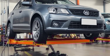 Several racing tires are placed on a concrete floor, with one large tire in the foreground. A person is kneeling and working on a tire, while another person stands nearby wearing green gloves. The background shows a garage environment with tools and equipment.