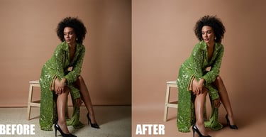a woman in a green dress sitting on a chair