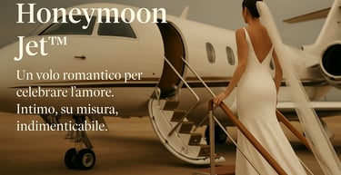 Sposa con bouquet che sale a bordo di un jet privato per il viaggio di nozze Honeymoon Jet RD