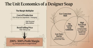 Infographic showing unit economics and profit margins for a designer soap business.