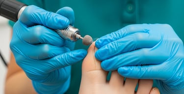 A foot health practitioner is using a nail drill with a bur attachment to file calluses on a foot