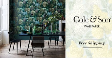 Cole & Son floral wallpaper featuring forest and lilac designs in stylish dining and living rooms.