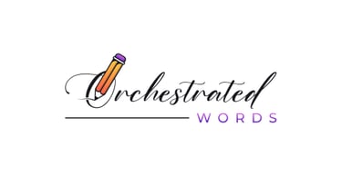 Orchestrated Words logo features of pencil with a purple pencil with a purple eraser