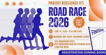 Project Resilience 911 Road Race 2026 poster for half marathon and 5k run in Brandon, MB.