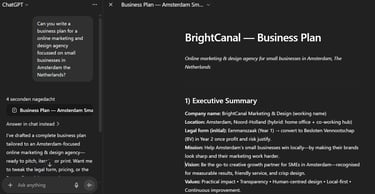 ChatGPT generating a detailed business plan outline for a small business online marketing and design