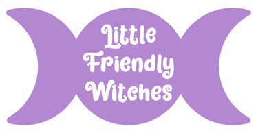Purple triple moon with the title "Little Friendly Witches" in the middle