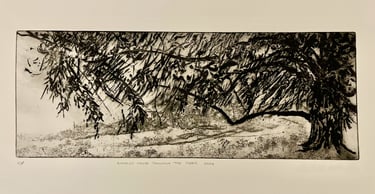 Dumfries House through the trees - etching