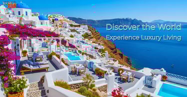 the luxurious white-washed houses and blue-domed churches of Santorini overlooking the Aegean Sea