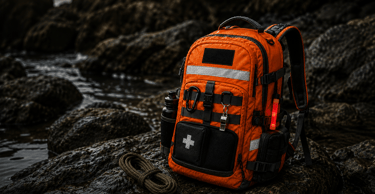 Orange tactical emergency survival backpack with first aid kit and gear on a rocky coastline.