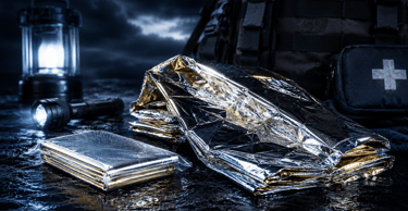 Emergency thermal space blanket with a survival kit, first aid bag, and flashlight outdoors at night.