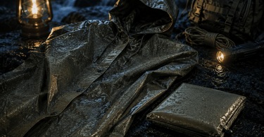Durable waterproof green rain poncho and camping gear set on wet rocks at night.
