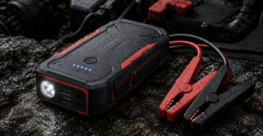 Portable car jump starter with jumper cables and LED flashlight resting on a rock near a vehicle engine.