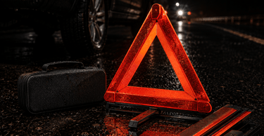 A red reflective emergency warning triangle and roadside kit placed on a wet road at night.