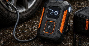 Portable digital tire inflator with LED display connected to a car wheel on wet pavement.