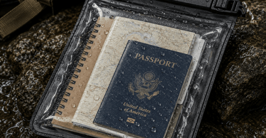 A US passport and travel map inside a waterproof dry bag on wet rocks for outdoor travel protection.