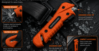 Orange emergency car window breaker and seatbelt cutter tool with hardened steel tip and ergonomic grip.