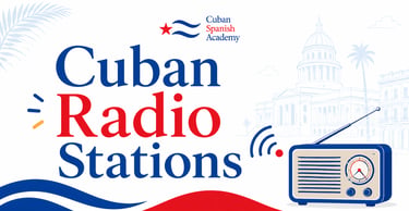 Vintage radio illustration for Cuban radio stations with Havana skyline and Cuban Spanish Academy logo.