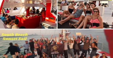 A group of happy people enjoying a South Beach sunset Cruise on a luxury party boat in Miami.