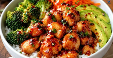 Hot Honey Chicken Bowl with chicken, rice, broccoli, avocado and carrots glowing.