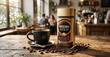 Nescafé Gold premium instant coffee jar with freshly brewed black coffee in a ceramic mug