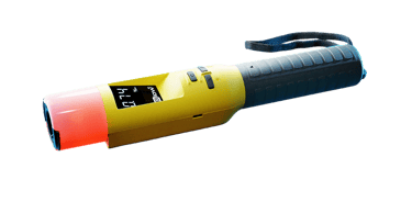 Portable digital breathalyzer with a yellow body, glowing red sensor, and LCD screen display.