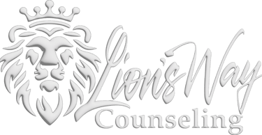 Logo, a Lion's face with text that reads Lion's Way Counseling