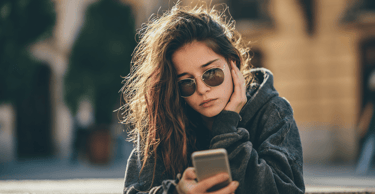 a woman in sunglasses and sunglasses is looking at her phone