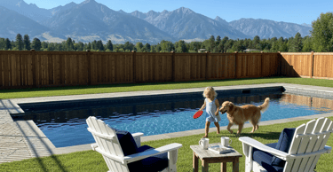 child ad golden retriever in beautiful backyard with Adirondack chairs on green grass mountains