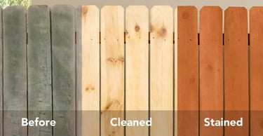 Comparison of fence restoration stages: weathered grey wood, cleaned surface, and newly stained fini