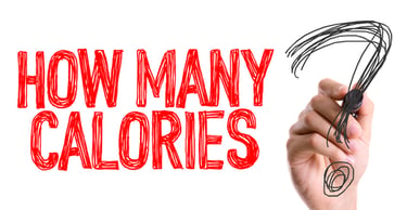 A hand drawing a question mark next to red text asking how many calories for weight loss tracking.