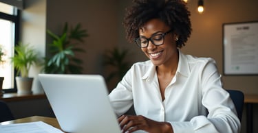a woman in glasses and a white shirt is smiling and looking at the camera