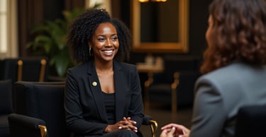 a woman in a black suit and a man in a suit
