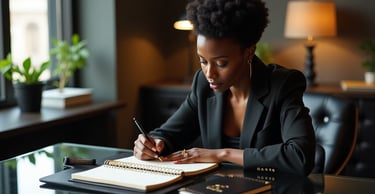 a woman in a black suit and a notebook